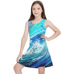 Tsunami Waves Ocean Sea Nautical Nature Water Painting Kids  Lightweight Sleeveless Dress by Ravend