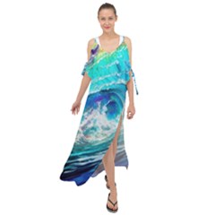 Tsunami Waves Ocean Sea Nautical Nature Water Painting Maxi Chiffon Cover Up Dress by Ravend