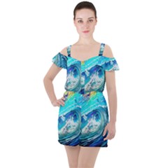 Tsunami Waves Ocean Sea Nautical Nature Water Painting Ruffle Cut Out Chiffon Playsuit by Ravend