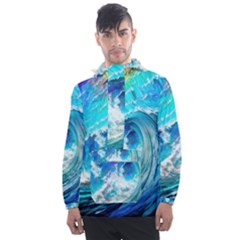 Tsunami Waves Ocean Sea Nautical Nature Water Painting Men s Front Pocket Pullover Windbreaker by Ravend