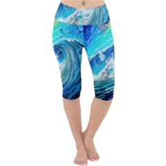 Tsunami Waves Ocean Sea Nautical Nature Water Painting Lightweight Velour Cropped Yoga Leggings by Ravend