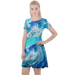 Tsunami Waves Ocean Sea Nautical Nature Water Painting Cap Sleeve Velour Dress  by Ravend