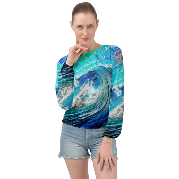 Tsunami Waves Ocean Sea Nautical Nature Water Painting Banded Bottom Chiffon Top