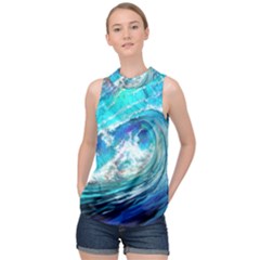 Tsunami Waves Ocean Sea Nautical Nature Water Painting High Neck Satin Top by Ravend