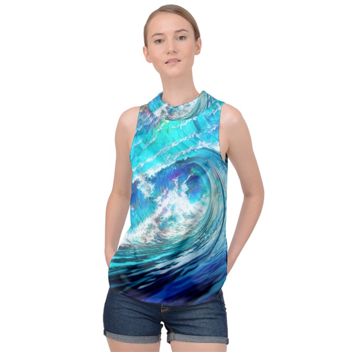 Tsunami Waves Ocean Sea Nautical Nature Water Painting High Neck Satin Top