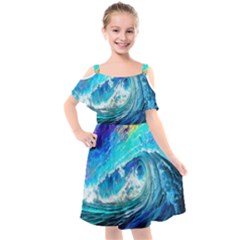 Tsunami Waves Ocean Sea Nautical Nature Water Painting Kids  Cut Out Shoulders Chiffon Dress by Ravend