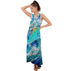 Tsunami Waves Ocean Sea Nautical Nature Water Painting V-neck Chiffon Maxi Dress by Ravend