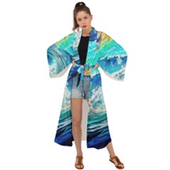 Tsunami Waves Ocean Sea Nautical Nature Water Painting Maxi Kimono by Ravend