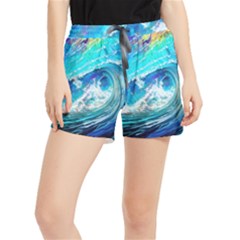 Tsunami Waves Ocean Sea Nautical Nature Water Painting Women s Runner Shorts by Ravend