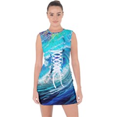 Tsunami Waves Ocean Sea Nautical Nature Water Painting Lace Up Front Bodycon Dress by Ravend