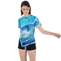 Tsunami Waves Ocean Sea Nautical Nature Water Painting Asymmetrical Short Sleeve Sports Tee by Ravend