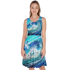 Tsunami Waves Ocean Sea Nautical Nature Water Painting Knee Length Skater Dress With Pockets by Ravend