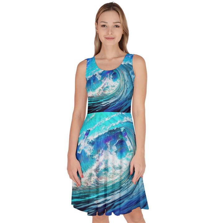 Tsunami Waves Ocean Sea Nautical Nature Water Painting Knee Length Skater Dress With Pockets