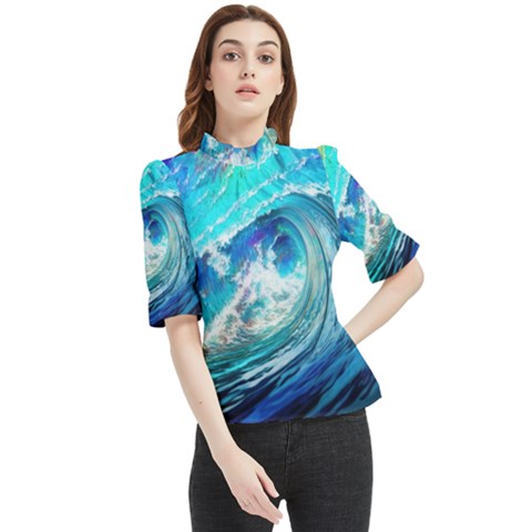 Tsunami Waves Ocean Sea Nautical Nature Water Painting Frill Neck Blouse by Ravend