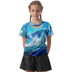 Tsunami Waves Ocean Sea Nautical Nature Water Painting Kids  Front Cut Tee by Ravend