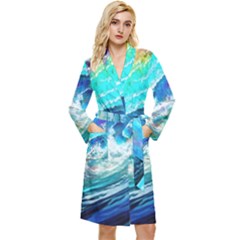 Tsunami Waves Ocean Sea Nautical Nature Water Painting Long Sleeve Velvet Robe by Ravend