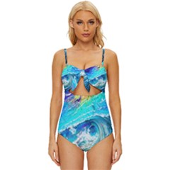 Tsunami Waves Ocean Sea Nautical Nature Water Painting Knot Front One-piece Swimsuit by Ravend