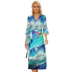 Tsunami Waves Ocean Sea Nautical Nature Water Painting Midsummer Wrap Dress by Ravend