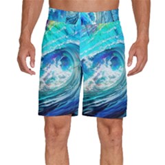 Tsunami Waves Ocean Sea Nautical Nature Water Painting Men s Beach Shorts by Ravend