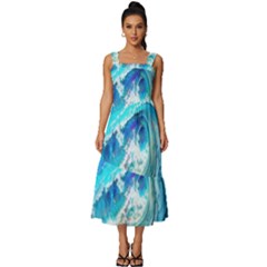 Tsunami Waves Ocean Sea Nautical Nature Water Painting Square Neckline Tiered Midi Dress