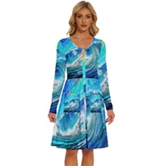 Tsunami Waves Ocean Sea Nautical Nature Water Painting Long Sleeve Dress With Pocket by Ravend