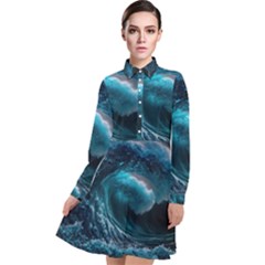 Tsunami Waves Ocean Sea Water Rough Seas 4 Long Sleeve Chiffon Shirt Dress by Ravend