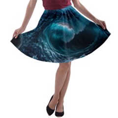 Tsunami Waves Ocean Sea Water Rough Seas 4 A-line Skater Skirt by Ravend