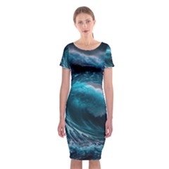 Tsunami Waves Ocean Sea Water Rough Seas 4 Classic Short Sleeve Midi Dress by Ravend