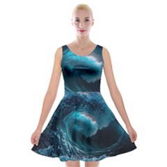 Tsunami Waves Ocean Sea Water Rough Seas 4 Velvet Skater Dress by Ravend