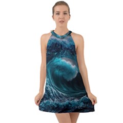 Tsunami Waves Ocean Sea Water Rough Seas 4 Halter Tie Back Chiffon Dress by Ravend