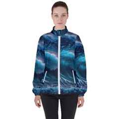 Tsunami Waves Ocean Sea Water Rough Seas 4 Women s High Neck Windbreaker by Ravend