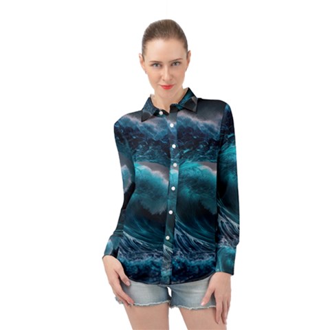 Tsunami Waves Ocean Sea Water Rough Seas 4 Long Sleeve Chiffon Shirt by Ravend