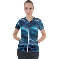 Tsunami Waves Ocean Sea Water Rough Seas 4 Short Sleeve Zip Up Jacket by Ravend