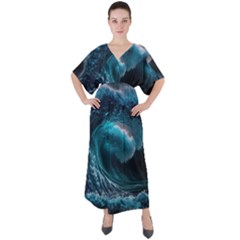 Tsunami Waves Ocean Sea Water Rough Seas 4 V-neck Boho Style Maxi Dress by Ravend