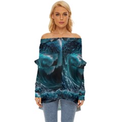 Tsunami Waves Ocean Sea Water Rough Seas 4 Off Shoulder Chiffon Pocket Shirt by Ravend