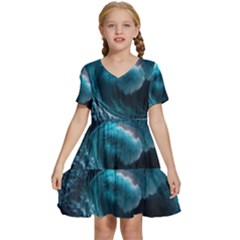 Tsunami Waves Ocean Sea Water Rough Seas 4 Kids  Short Sleeve Tiered Mini Dress by Ravend