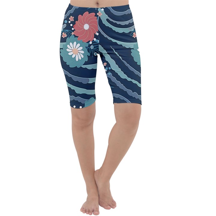 Waves Flowers Pattern Water Floral Minimalist Cropped Leggings 