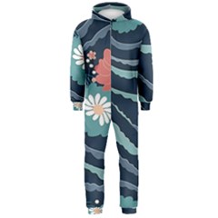 Waves Flowers Pattern Water Floral Minimalist Hooded Jumpsuit (men) by Ravend