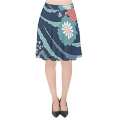 Waves Flowers Pattern Water Floral Minimalist Velvet High Waist Skirt by Ravend