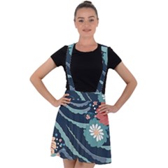 Waves Flowers Pattern Water Floral Minimalist Velvet Suspender Skater Skirt by Ravend