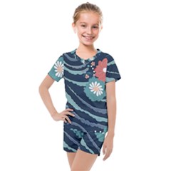 Waves Flowers Pattern Water Floral Minimalist Kids  Mesh Tee And Shorts Set