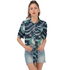 Waves Flowers Pattern Water Floral Minimalist Tie Front Shirt  by Ravend