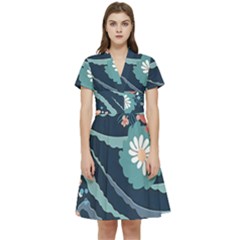 Waves Flowers Pattern Water Floral Minimalist Short Sleeve Waist Detail Dress by Ravend