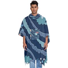 Waves Flowers Pattern Water Floral Minimalist Men s Hooded Rain Ponchos