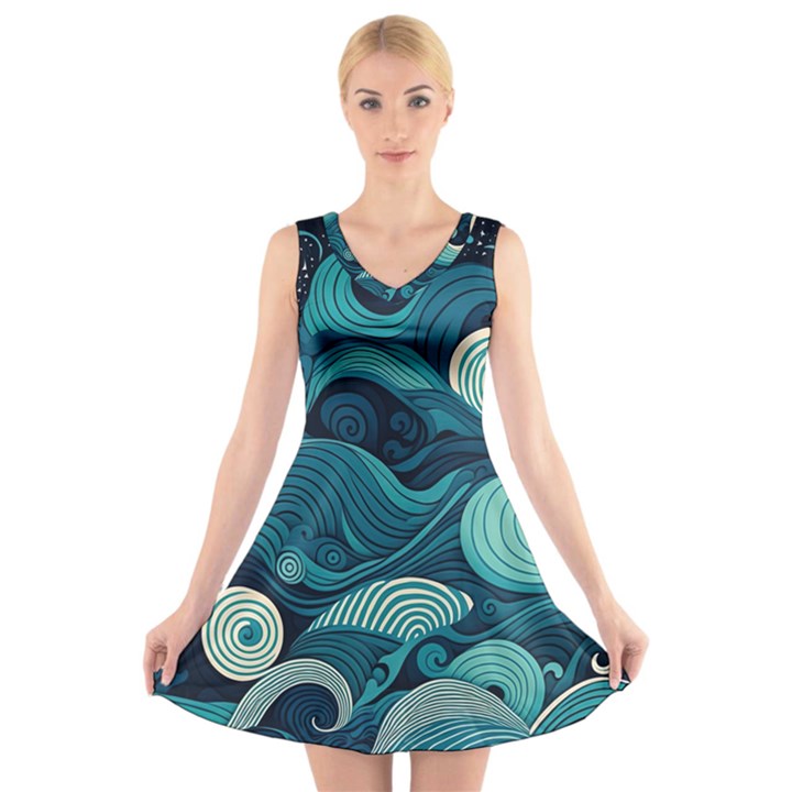 Waves Ocean Sea Abstract Whimsical Abstract Art V-Neck Sleeveless Dress