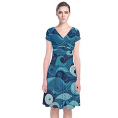 Waves Ocean Sea Abstract Whimsical Abstract Art Short Sleeve Front Wrap Dress by Ravend