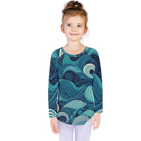 Waves Ocean Sea Abstract Whimsical Abstract Art Kids  Long Sleeve Tee by Ravend