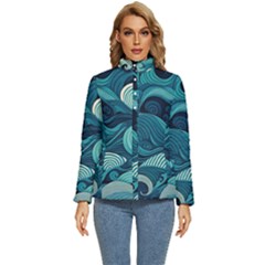 Waves Ocean Sea Abstract Whimsical Abstract Art Women s Puffer Bubble Jacket Coat by Ravend