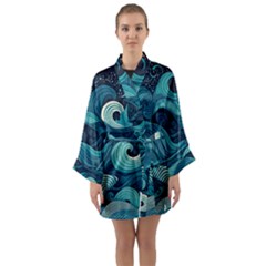 Waves Ocean Sea Abstract Whimsical Abstract Art Long Sleeve Satin Kimono by Ravend