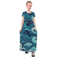 Waves Ocean Sea Abstract Whimsical Abstract Art Kids  Short Sleeve Maxi Dress by Ravend